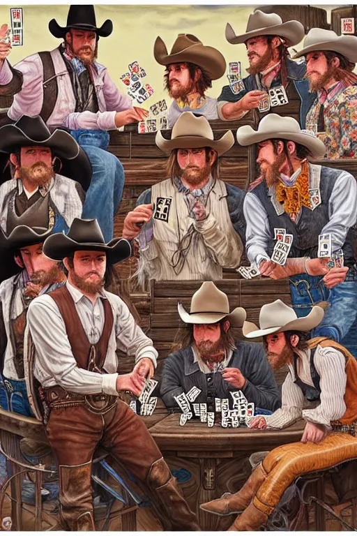 Prompt: full view, from a distance, of cowboys in the saloon playing card games, style of yoshii chie and hikari shimoda and martine johanna, highly detailed