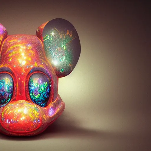 Image similar to counterfeit mickey mouse head, fractal, broken, psychedelic, wet, mycelium, radiant alien, rococo, baroque, automotive, bio-mechanical, porcelain, iridescent, sub surface scattering, octane render