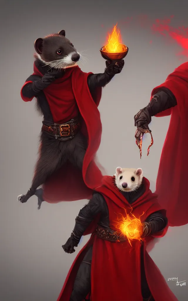 Image similar to a anthropomorphic ferret is a dark warlock dressed red robes, he's very menacing and evil, he's holding a fireball, hyperdetailed, artstation, cgsociety, 8 k