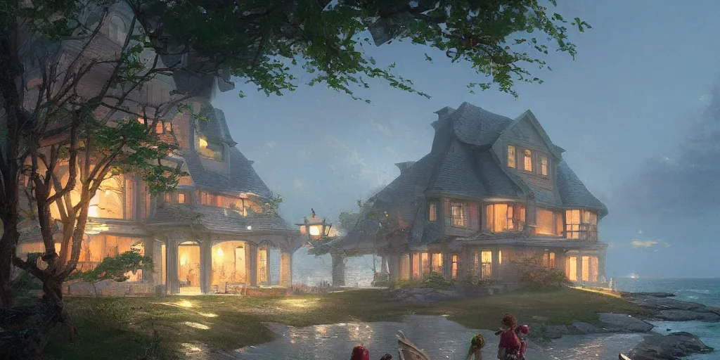 Prompt: a beautiful house leading to a view of the beach, by greg rutkowski and thomas kinkade, trending on artstation