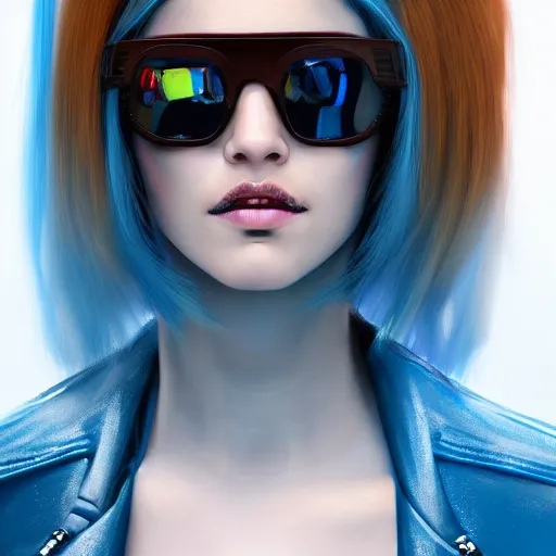 Image similar to closeup painting of a very beautiful young mexican cyberpunk woman smirking, wearing light blue shades and a leather jacket, one side haircut, long brown hair with light blue ends, portrait, hyperdetailed, artstation, cgsociety, 8 k