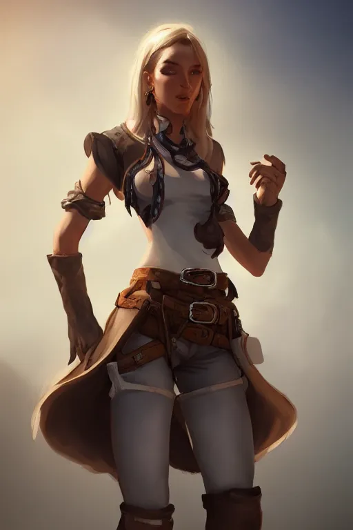 Image similar to full body, female cowgirl, perfect face, white blouse, holster, 8 k, magic the gathering, desert, d & d, artstation, high detail, smooth, sweaty character concepts by senior concept artist