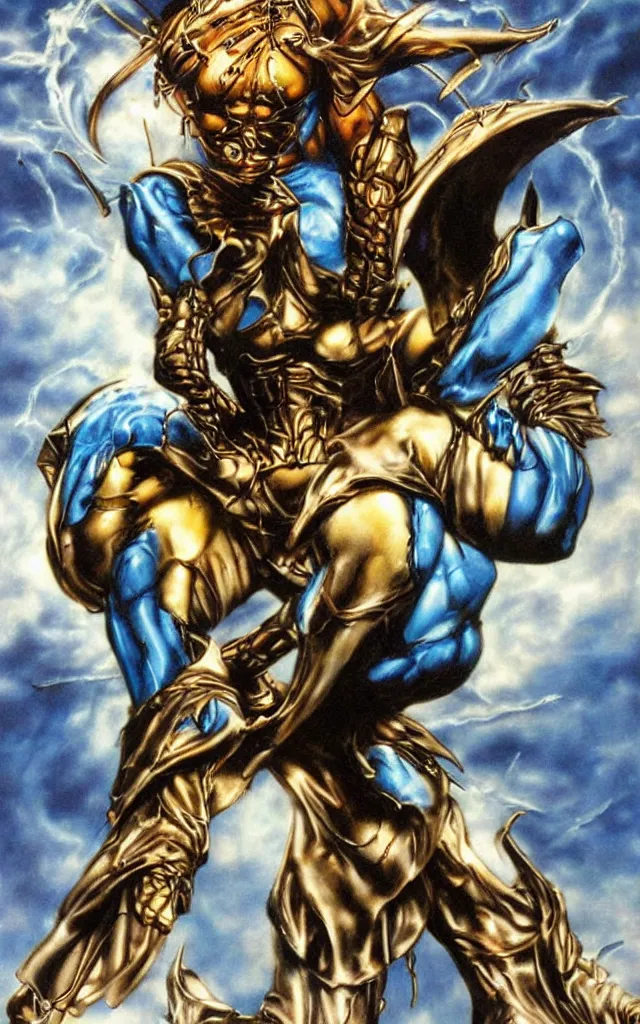 Image similar to blue djinn in the sky heavy metal airbrush iron spike fantasy 80s by simon bisley detailed, masterpiece