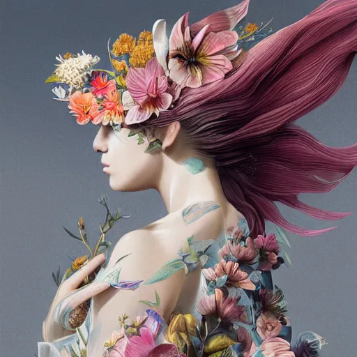 Prompt: 3 / 4 view of a beautiful girl wearing an origami dress, eye - level medium shot, fine floral ornaments in cloth and hair, hummingbirds, elegant, by eiko ishioka, givenchy, shinji aramaki, by peter mohrbacher, centered, fresh colors, origami, fashion, detailed illustration, vogue, japanese, reallusion character creator