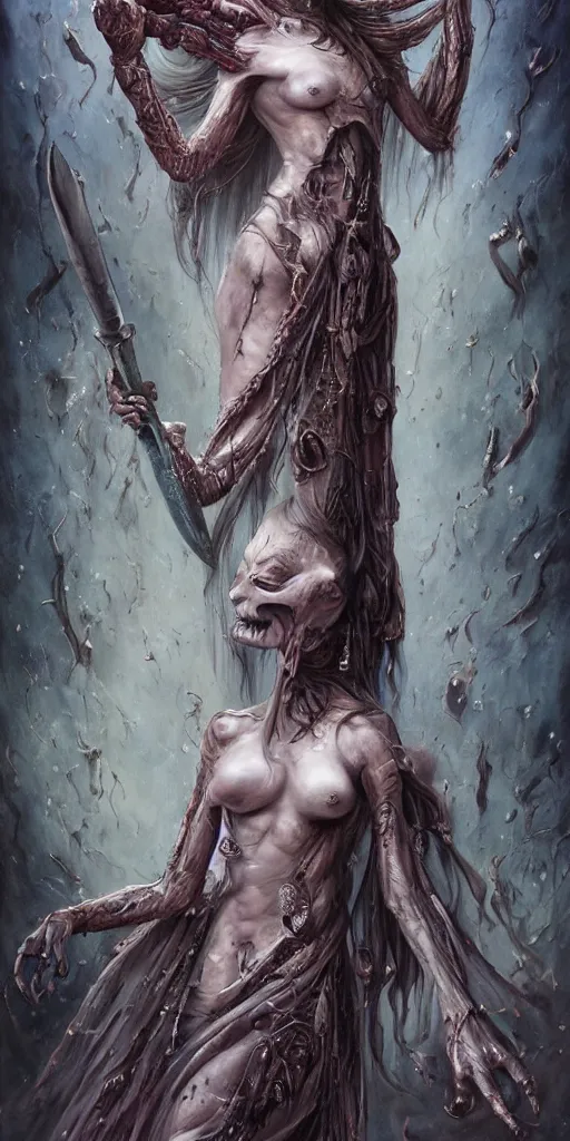 Image similar to an epic goddess with 4 arms holding a ceremonial athame in the air,beautiful and terrifying,melting sinew,full character design,8k,by Stanley Artgermm,Tom Bagshaw,Gerald Brom,Carne Griffiths,Ron English,Linsey Levendall,Giger,trending on DeviantArt,face enhance,hyper detailed,minimalist,horror,full of colour,cinematic,dynamic lighting