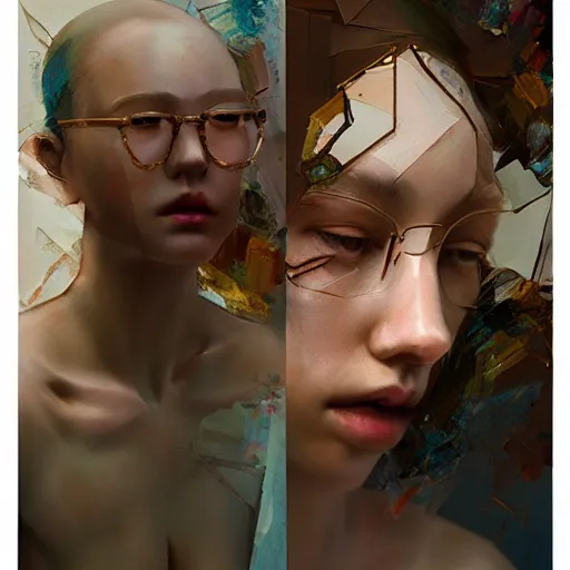 Image similar to 3 d, fashion models looks into the frame, intricate oil painting, high detail, figurative art, multiple exposure, poster art, 3 d, by tooth wu and wlop and beeple