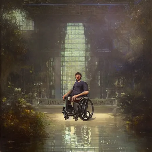 Image similar to handsome portrait of a wheelchair guy fitness posing, radiant light, caustics, war hero, smooth, one legged amputee, reflective water koi pond, ghost in the shell, lush garden surroundings, by gaston bussiere, bayard wu, greg rutkowski, giger, maxim verehin