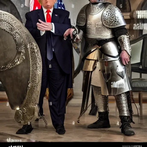 Prompt: donald trump wearing knights armor, donald trump holding one broadsword, by hans holdein, donald trumps highly detailed handsome face, two arms, two legs