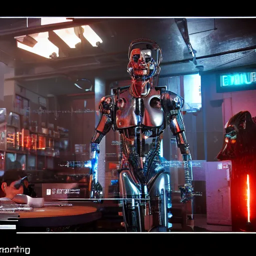 Prompt: A sophisticated terminator with borg implants and lots of components sitting in a cyberpunk cafe and munching on skewer kebabs made of electronic components. Unreal 5 nanite, path tracing render, global illumination. Highly detailed 8k. Bloom, cinematic post-processing