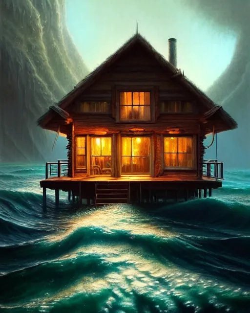Image similar to a hyper - detailed 3 d render like an oil painting of cabin dreaming of the untamed ocean!!!!! surreal concept art, lifelike, photorealistic, digital painting, aesthetic, smooth, sharp focus, artstation hd, by greg rutkowski, bruce pennington, valentina remenar, rhads, asher duran,