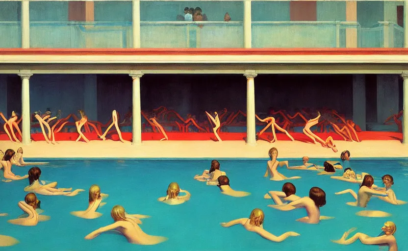 Prompt: Inside a big pool and ladies in bikini, very coherent, painted by Edward Hopper, Wayne Barlowe, painted by James Gilleard, airbrush, art by JamesJean