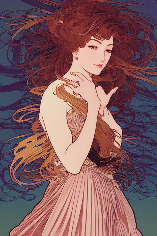 Image similar to beautiful portrait digital painting of a female, blush, pleated skirt, flowing hair, slim face, elegant, alphonse mucha, by yoichi hatakenaka, masamune shirow, josan gonzales and dan mumford, ayami kojima, takato yamamoto, barclay shaw, karol bak, yukito kishiro