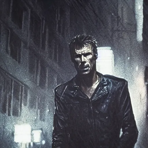 Prompt: potrait by Jimmy Nelson of clint eastwood in blade runner 1982 by Ridley Scott posing on a neon rainy vague street in headlights, movie shot, detailed