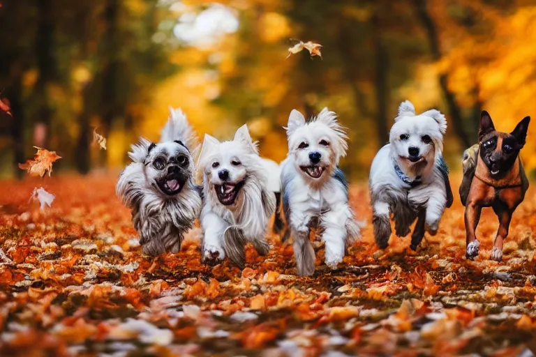 Image similar to dogs running through autumn leaves towards the camera, motion blur