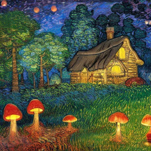 Image similar to mysterious detailed painting of a cozy woodland cottage in the woods at night, surrounded by giant glowing mushrooms, in the style of studio ghibli and moebius and claude monet and edward hopper and vincent van gogh