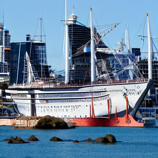 Image similar to fantasy ship sailing through Auckland Harbor