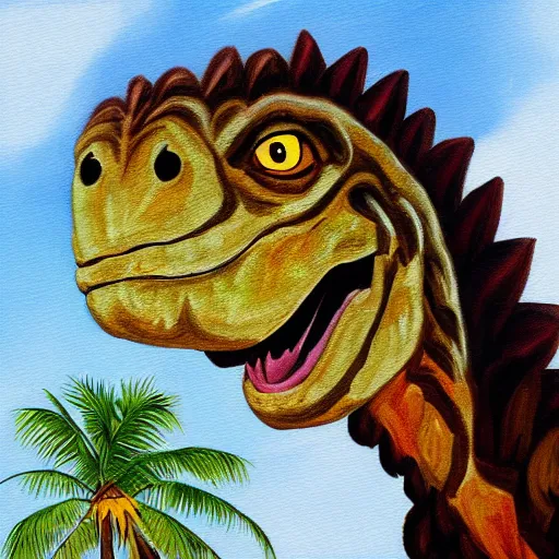 Prompt: dwayne the rock as a velociraptor dinosaur in miami, portrait painting