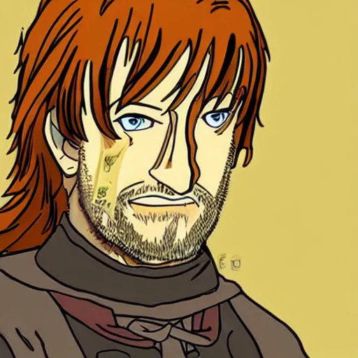 Image similar to boromir from the anime lord of the rings (1986), ginger hair, looking serious, some beard, studio ghibli, very detailed, realistic