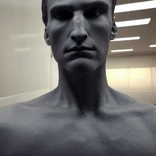 Image similar to “a realistic detailed photo of a guy who is an attractive humanoid who is half robot and half humanoid, who is a male android, American freestyle and folkstyle wrestler Daton Fix, shiny skin, posing like a statue, blank stare, at college, on display”