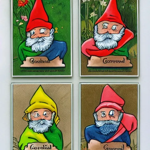 Image similar to collecting cards of undercover super garden gnomes and their magical attributes, borders,