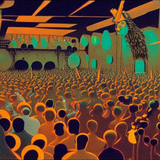 Image similar to boiler room, rave party, crowd, by roger dean