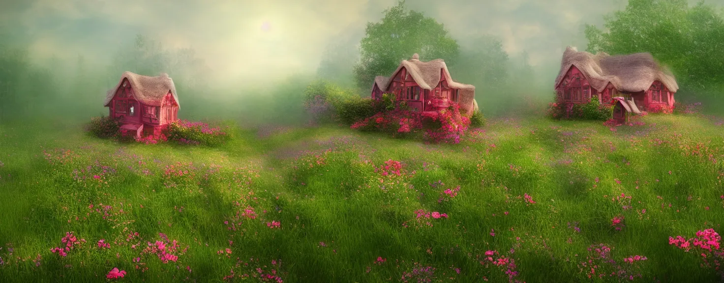 Image similar to fantasy little strawberry like cottage among magical floral meadow partially covered with fog, photo realistic image, super detailed, 4K,cinematic look