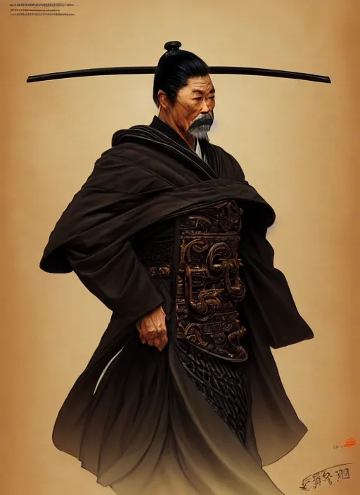 Image similar to portrait of an old Japanese warrior man, muscular, black leather robes! intricate, elegant, highly detailed, digital painting, artstation, concept art, smooth, sharp focus, illustration, art by artgerm and greg rutkowski and alphonse mucha