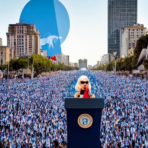 Image similar to Lady Gaga as president, Argentina presidential rally, Argentine flags behind, bokeh, giving a speech, detailed face, Argentina