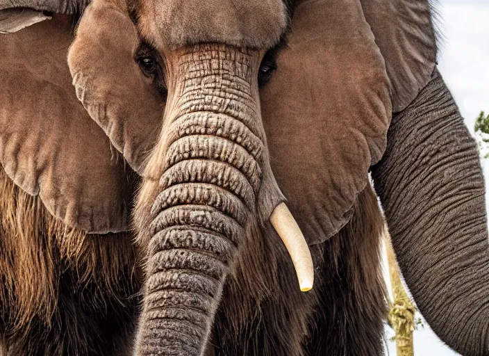 Image similar to closeup of a very wooly brown hairy mammoth, ((elephant)), mastodon, mammoth, detailed fur, zoo photography, National Geographic, HD,