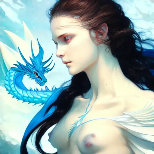 Prompt: Blue-Eyes White Dragon, illustration, Artstation, smooth, sharp focus, illustration, art by artgerm and greg rutkowski and alphonse mucha