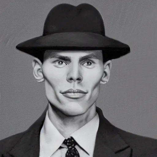 Image similar to A photograph portrait of Jerma985 wearing a suit with and fedora in the 1940s, taken in the early 1940s, grainy, taken on a 940s Kodak Camera, realistic, hyperrealistic, very realistic, highly detailed, very detailed, extremely detailed, detailed, digital art, trending on artstation