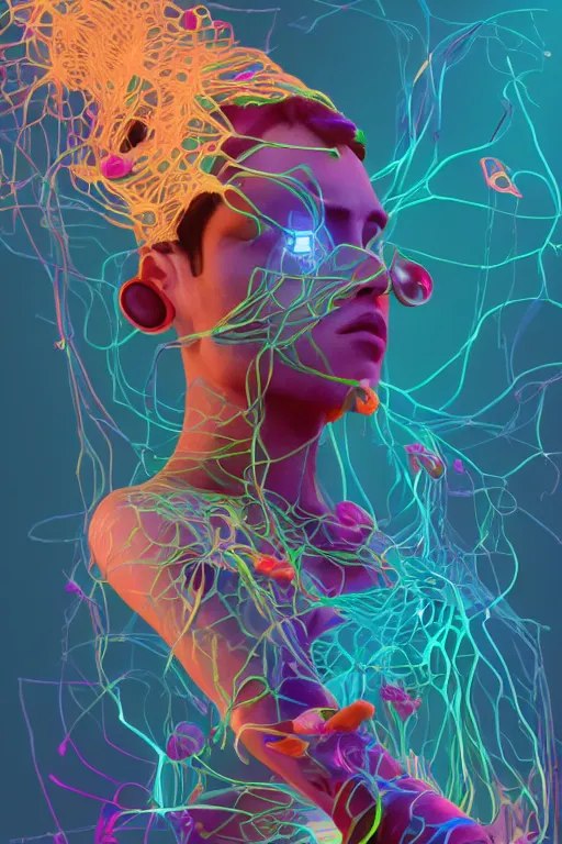 Prompt: epic 3 d abstract 🇵🇷 headset hacker, spinning hands and feet, 1 6 mm, plum and teal peanut butter melting smoothly into asymmetrical ficus trees and kiwis, thick wires looping, waveforms, kinetic, floating monitors, houdini sidefx, trending on artstation, by jeremy mann, ilya kuvshinov, jamie hewlett and ayami kojima