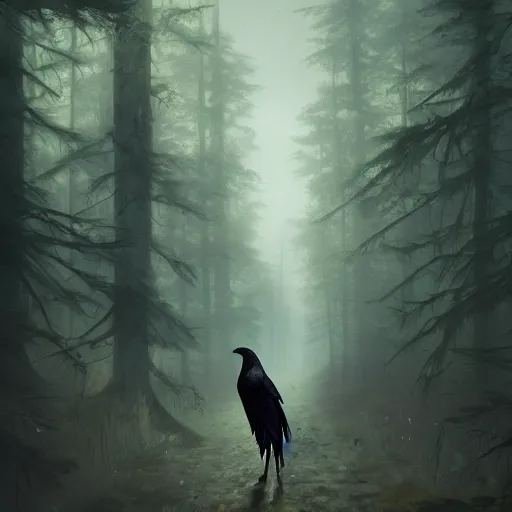 Prompt: half human half raven full body wizard walking in old forest, unreal engine, digital, artstation, detailed body, heavenly atmosphere, digital art, overdetailed art, trending on artstation, cgstudio, the most beautiful image ever created, dramatic, award winning artwork, beautiful scenery