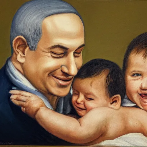 Image similar to a painting of benjamin netanyahu smiling as a baby being held by his parents, by caspar david