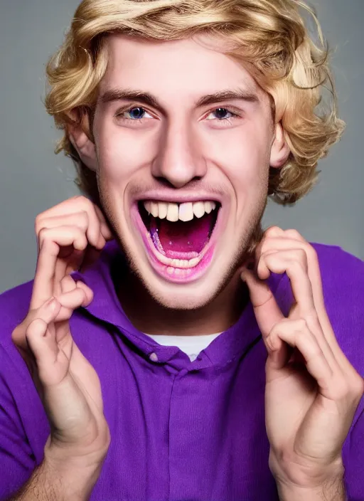 Prompt: blonde young guy with scary smile and completely purple catlike eyes