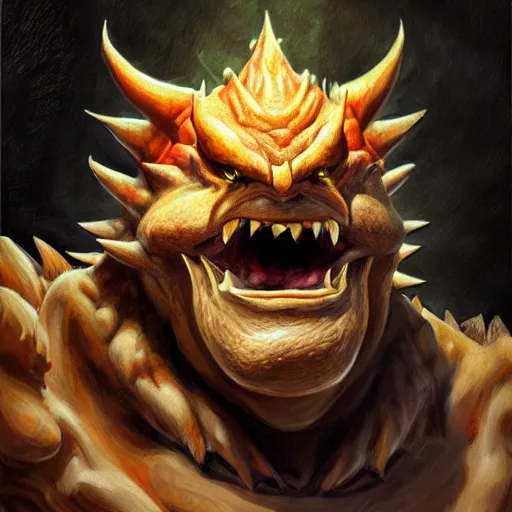 Image similar to An ultra realistic portrait painting of Bowser in the style of Frank Frazetta, 4k, Ultra realistic, Highly Detailed, Dark Fantasy, Epic Lighting