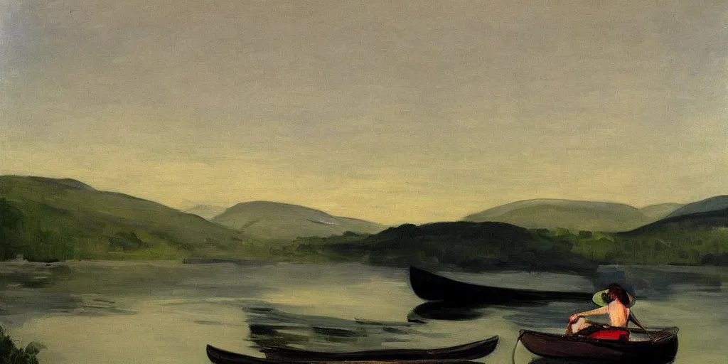 Image similar to “ a woman sitting in canoe on the hudson river, mountains in fog background, green colors, highly detailed, oil painting, by george bellows ”