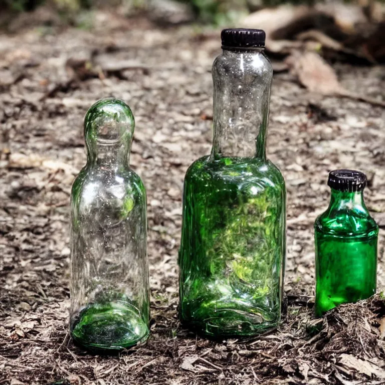 Prompt: glass bottle sitting in the middle of the woods with a small Alien creature living inside of the bottle