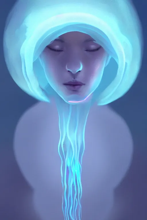 Image similar to Bioluminescent jellyfish, Her breath shot a haze of steam out into the frosty morning air concept, soft light, soft mood, realistic body features and face, illustration, painting oil on canvas by Elena Zhurikhina and Goro Fujita and Charlie Bowater, octane render trending on artstation, 4k, 8k, HD