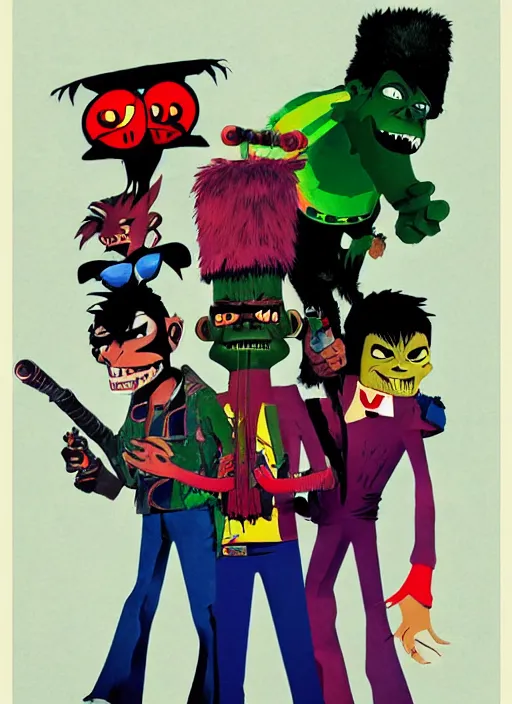 Image similar to gorillaz, official art by jamie hewlett, press shot, phase 2, four characters