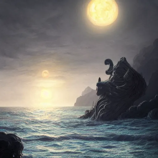 Image similar to a digital painting of cthulu emerging from the sea in the distance, silhuette, back lighting, dramatic scene, detailed, night time, full moon, in the style of greg rutkowski