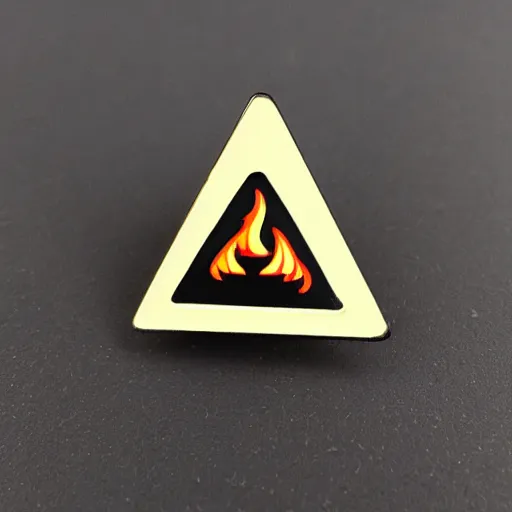 Prompt: a triangle enamel pin depicting a caution fire hazard label, smooth curves