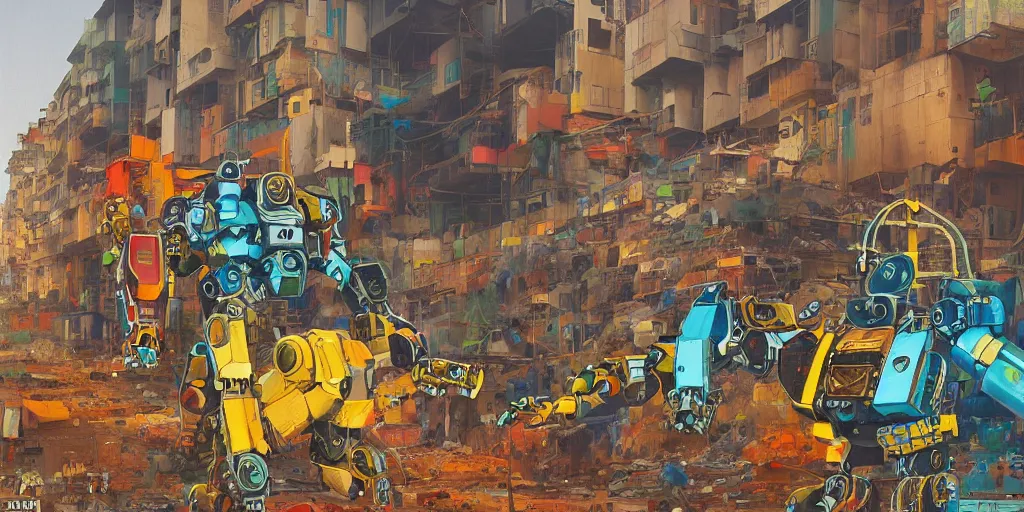 Image similar to colourful - damaged - giant mecha ROBOT of AJEGUNLE SLUMS in Lagos, markings on robot, Golden Hour, painting by Hsiao-Ron Cheng,