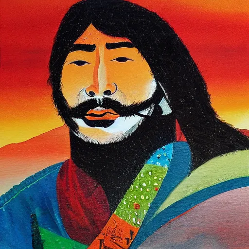 Prompt: painting of a lonesome warrior at the peak of himalayas, style of hiroki takeda