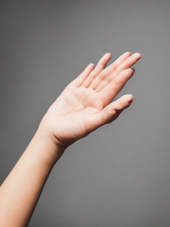 Prompt: macro photo of one! detailed elegant woman's hand palm up, short fingers, instagram photo, studio photo