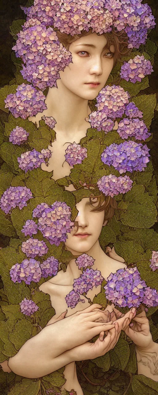 Prompt: tarot art nouveau painting of a hydrangea flower, ultradetail, art and illustration by tian zi and craig mullins and Ayami Kojima and WLOP and alphonse mucha, fantasy, intricate complexity, watermark, blurry, hyperrealism 8k