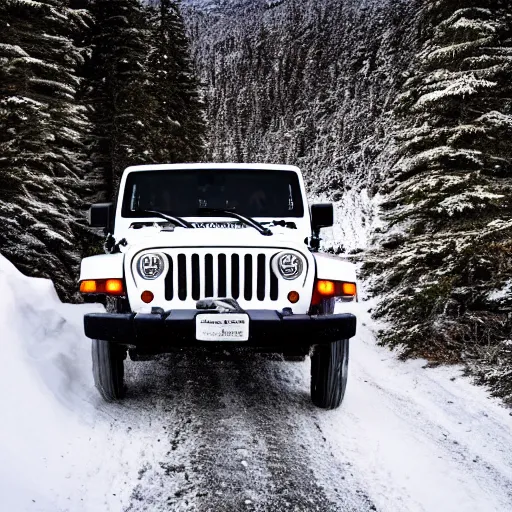 Image similar to white jeep wrangler driving up steep snowy mountain on edge of a cornice, high quality digital art, dramatic lighting, cinematic