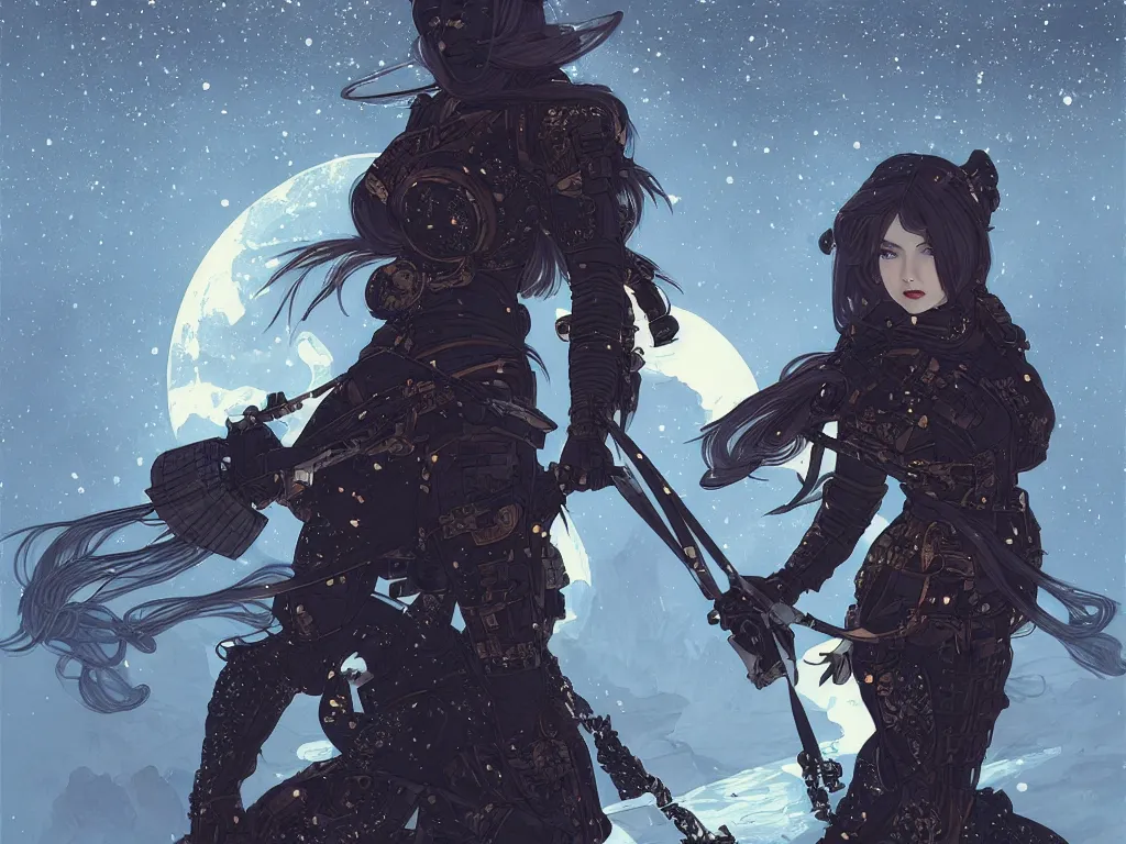 Image similar to portrait ninja gaiden girl, armored dieselpunk wardrobe, at snowy fuji mountain moonlight, ssci - fi and fantasy, intricate and very beautiful and elegant, highly detailed, digital painting, artstation, concept art, smooth and sharp focus, illustration, ( ( art by tian zi and wlop and alphonse mucha ) )