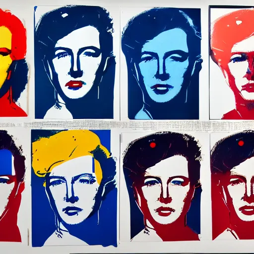 Prompt: androids, panels, primary colors, robot lithography, gynoids by warhol, cyborgs in the style of andy warhol