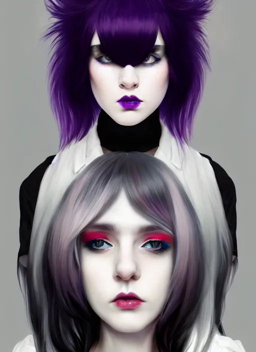 Prompt: portrait of white teenage girl, normal face, black bangs, mall goth, cyberlox, black hair with white bangs, black and white hair, bangs, fluffy bangs, red contacts, purple lipstick, intricate, elegant, highly detailed, digital painting, artstation, concept art, sharp focus, smooth, illustration, art by wlop, mars ravelo and greg rutkowski